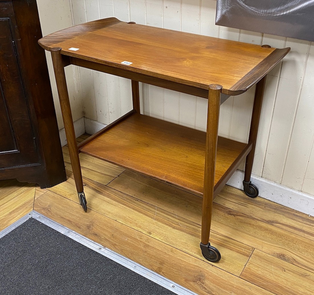 A mid century design teak two tier tea trolley, width 80cm, depth 46cm, height 72cm